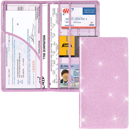 Car Registration and Insurance Holder, Vehicle Glove Box Car Organizer Men Women Wallet Accessories Case with Magnetic Shut for Cards, Essential Document, Driver License by Cacturism, Bling Pink