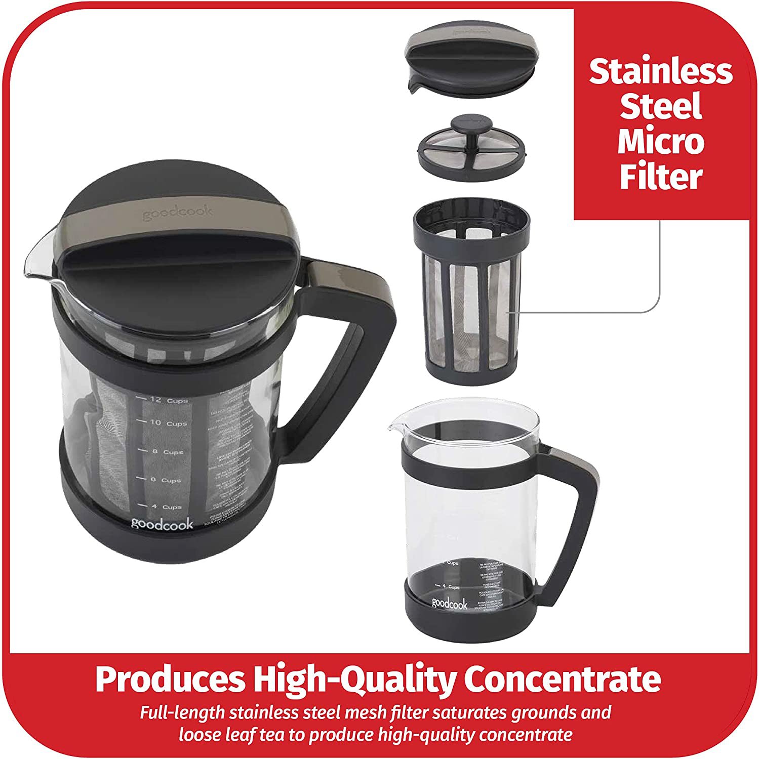 Goodcook Koffe 1.5L Glass Cold Brew Coffee Maker with BPA-Free Plastic Frame