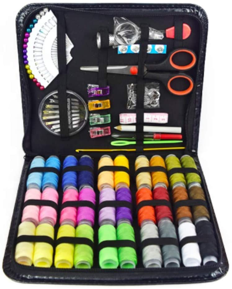 Sewing Kit for Traveler, Adults, Beginner, Emergency, DIY Sewing Supplies Organizer Filled with Scissors, Thimble, Thread, Elastic,Sewing Needles, Storage,Tape Measure etc (Black, X) Great Gift