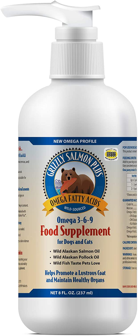 Grizzly Salmon Plus Omega Fatty Acids Food Supplement for Dogs & Cats (Various Sizes) - Wild-Sourced Salmon Oil, Omega 3-6-9, Made in USA