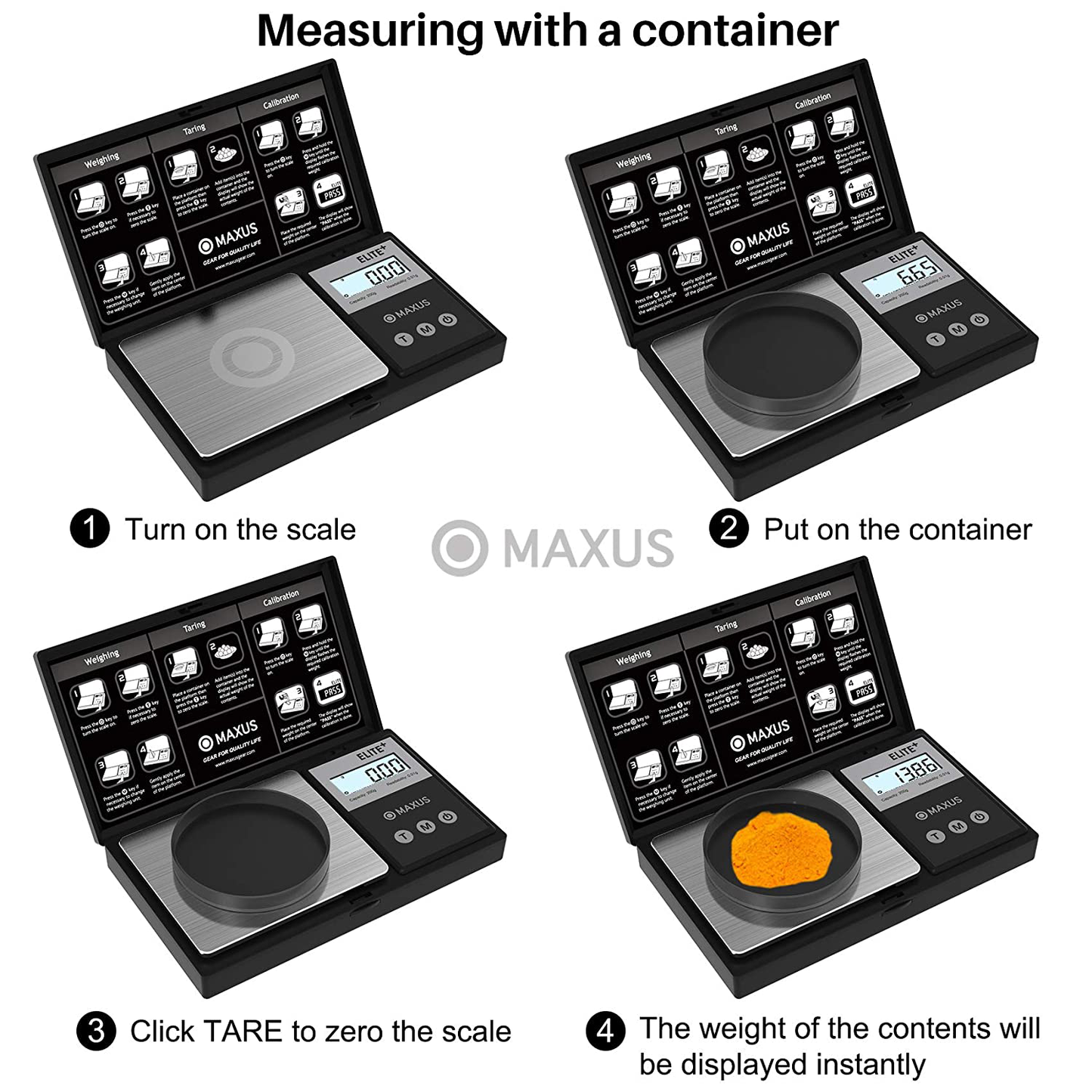 Precision Pocket Scale 200g x 0.01g, MAXUS Elite Digital Gram Scale Small Herb Scale Mini Food Scale Jewelry Scale Ounces/ Grains Scale, Easy to Carry, Great for Travel ,Backlit LCD, Stainless Steel