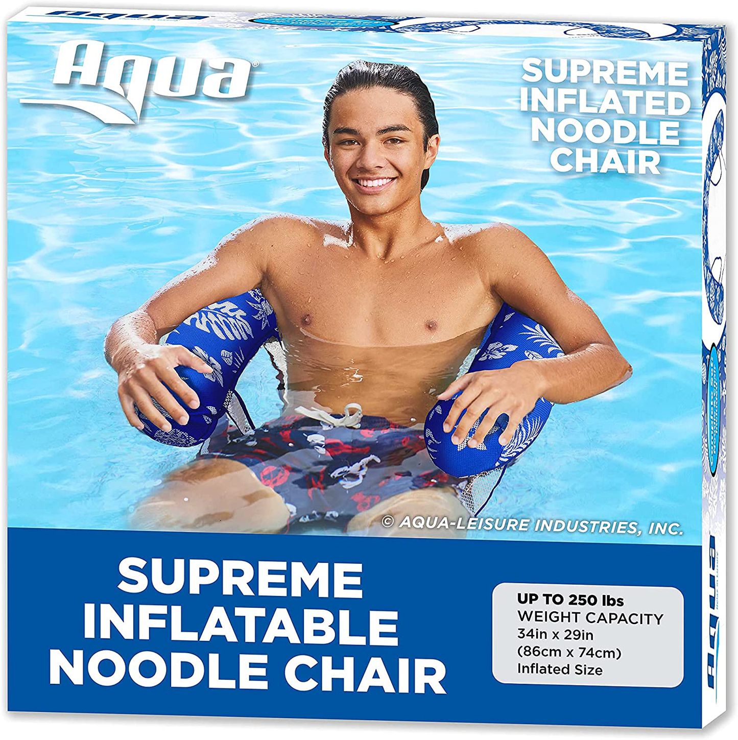 Aqua LEISURE Deluxe Pool Noodle Chair, Inflatable Pool Noodle Float, Luxury Fabric, Heavy Duty, Blue Pineapple Hibiscus, AZL20347