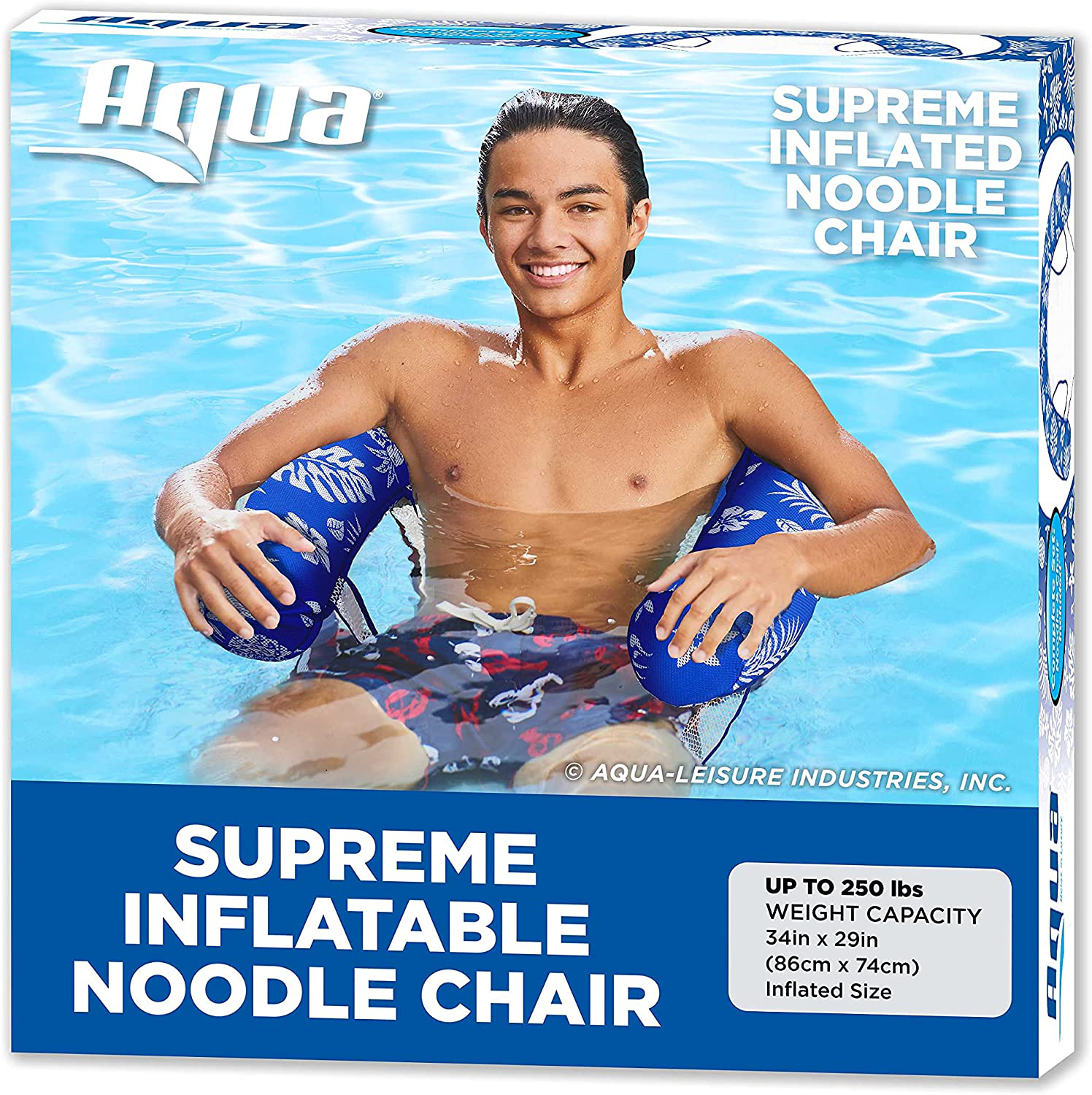 Aqua LEISURE Deluxe Pool Noodle Chair, Inflatable Pool Noodle Float, Luxury Fabric, Heavy Duty, Blue Pineapple Hibiscus, AZL20347