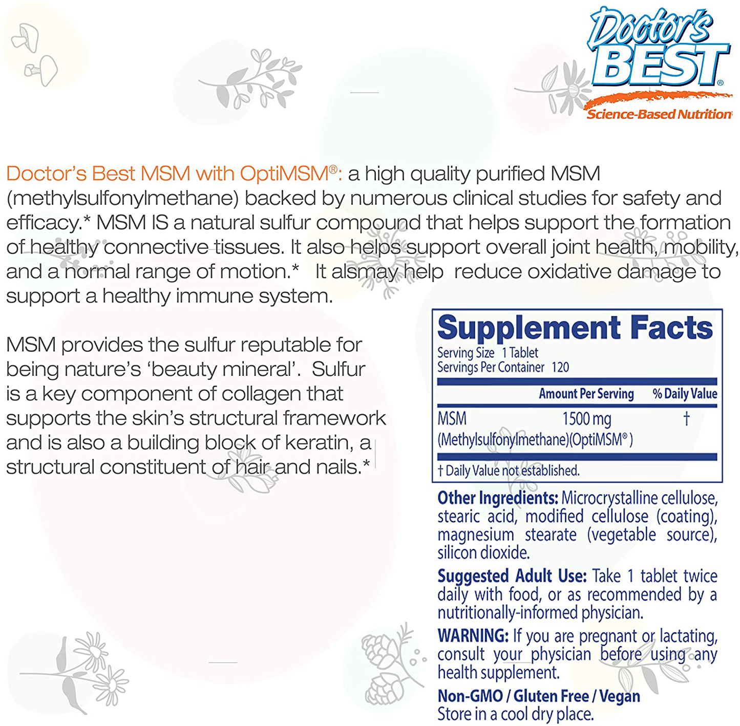 Doctor's Best MSM with OptiMSM, Non-GMO, Gluten Free, Joint Support, 1500 mg, 120 Tablets (DRB-00097)