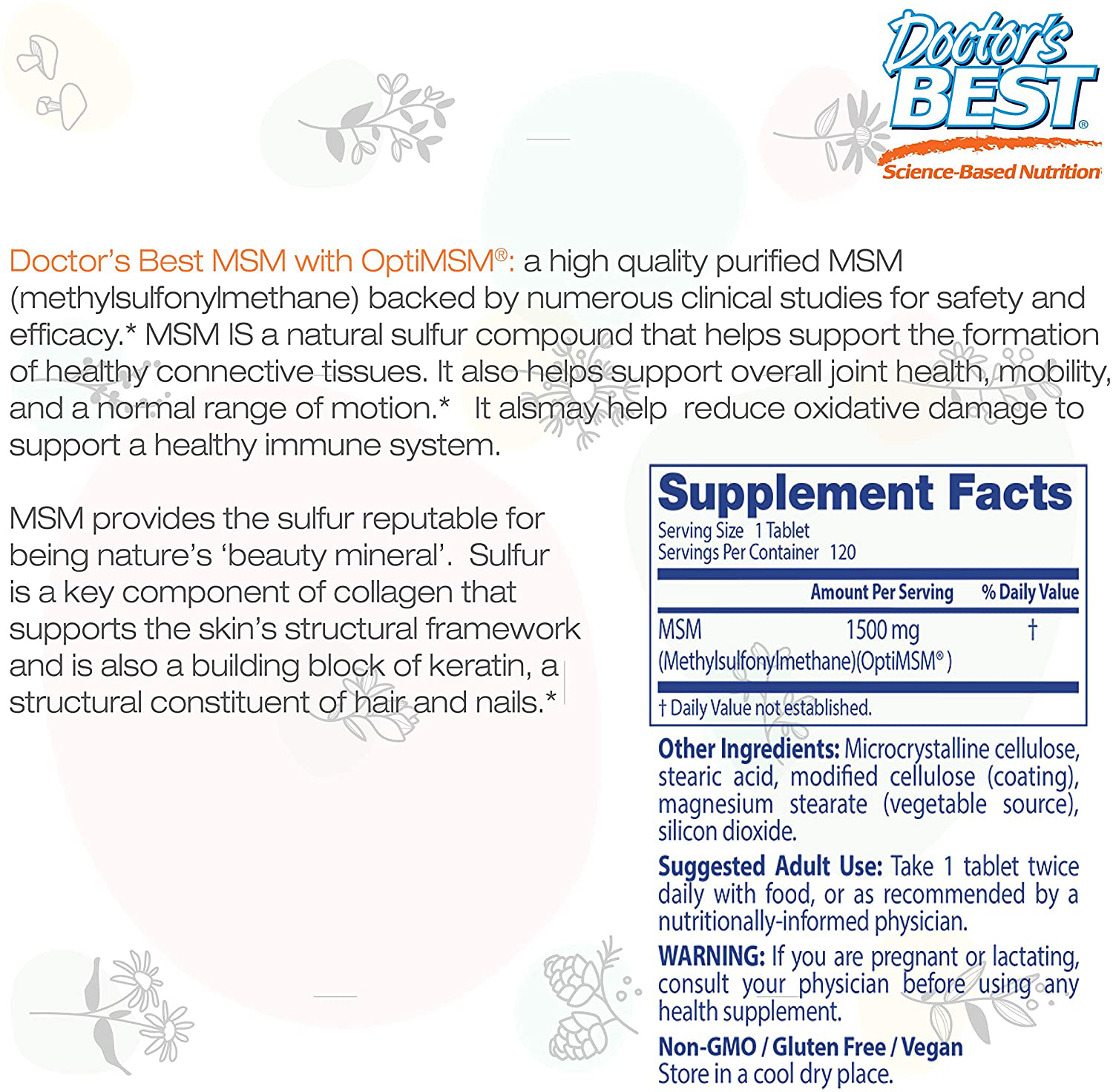 Doctor's Best MSM with OptiMSM, Non-GMO, Gluten Free, Joint Support, 1500 mg, 120 Tablets (DRB-00097)