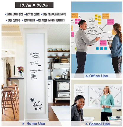 Nicpro Dry Erase Paper Stick On, 17.7" X 78.7"(6.5 ft）Self Adhesive White Contact Wallpaper Whiteboard Sticker Decal to Do List with 3 Color Water-Based Pens for Home Office