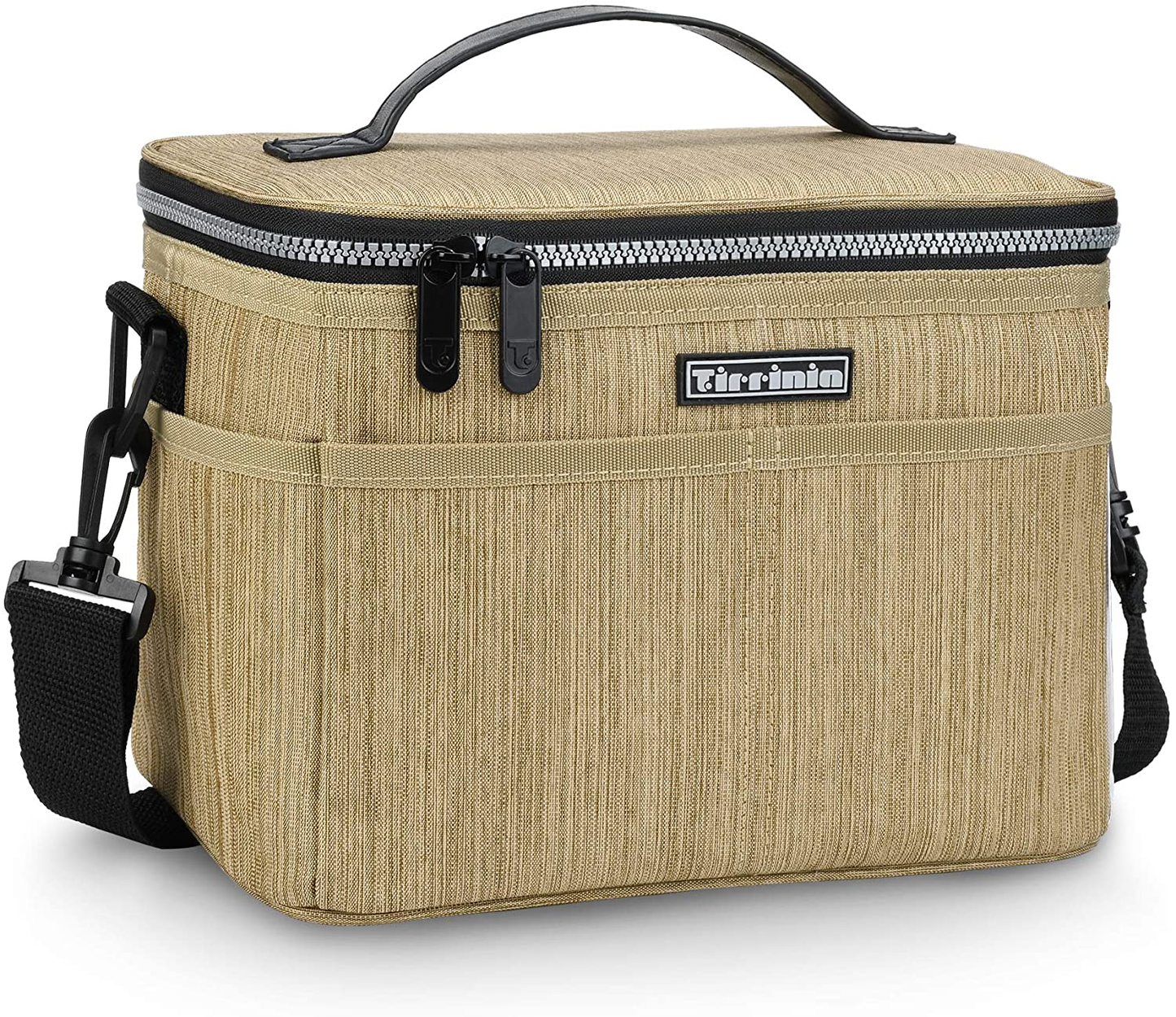 Tirrinia Insulated Lunch Bag w/Leather Handle for Women/Men, Leakproof Thermal Reusable Lunch Box Tote w/multifunctional Strap for Adult & Kids, Lunch Cooler for Work w/Durable Side Pocket, Khaki