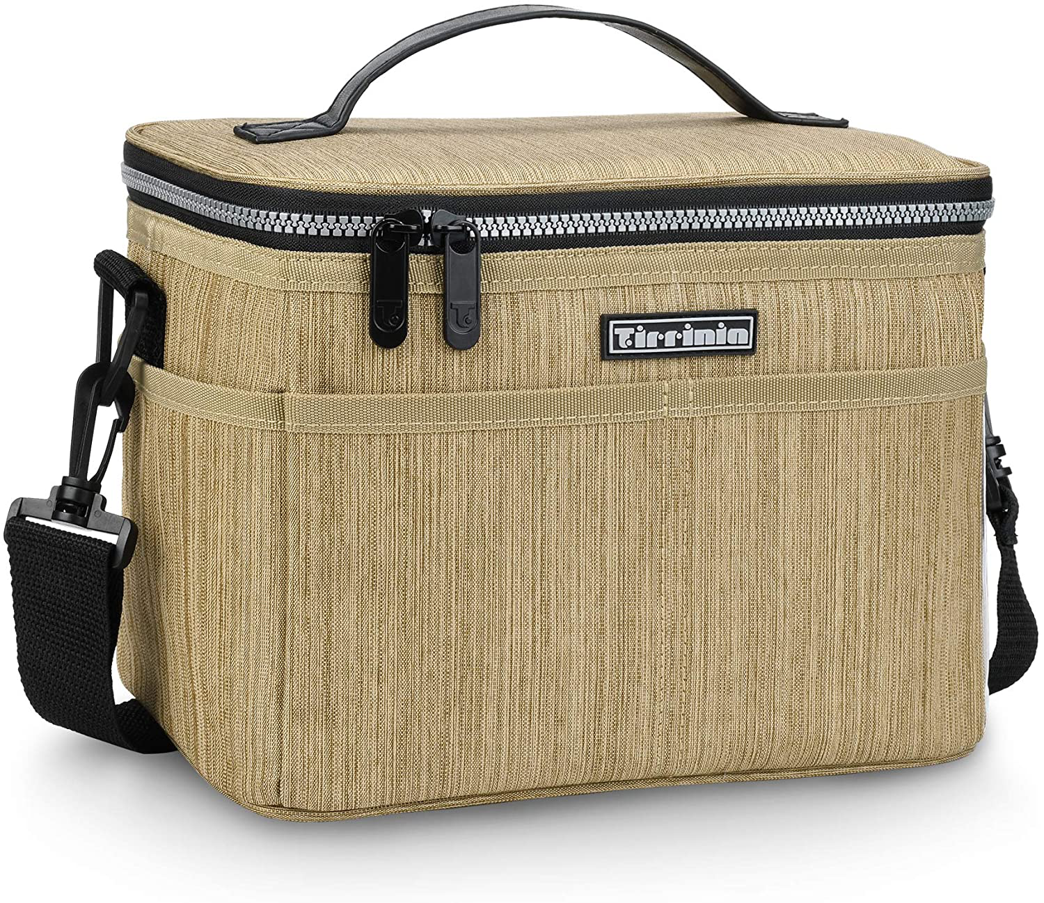 Tirrinia Insulated Lunch Bag w/Leather Handle for Women/Men, Leakproof Thermal Reusable Lunch Box Tote w/multifunctional Strap for Adult & Kids, Lunch Cooler for Work w/Durable Side Pocket, Khaki