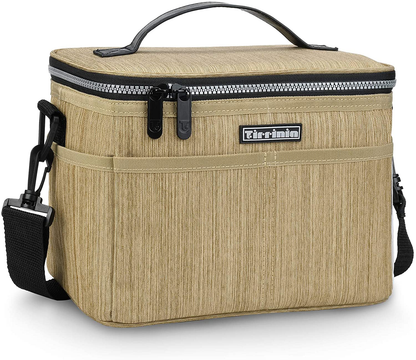 Tirrinia Insulated Lunch Bag w/Leather Handle for Women/Men, Leakproof Thermal Reusable Lunch Box Tote w/multifunctional Strap for Adult & Kids, Lunch Cooler for Work w/Durable Side Pocket, Khaki