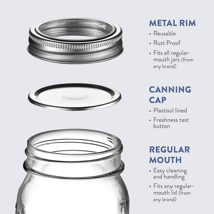Regular-Mouth Glass Mason Jars, 16-Ounce Glass Canning Jars with Silver Metal Airtight Lids and Bands with Measurement Marks, for Canning, Preserving, Meal Prep, Overnight Oats, Jam, Jelly, (10 Pack)