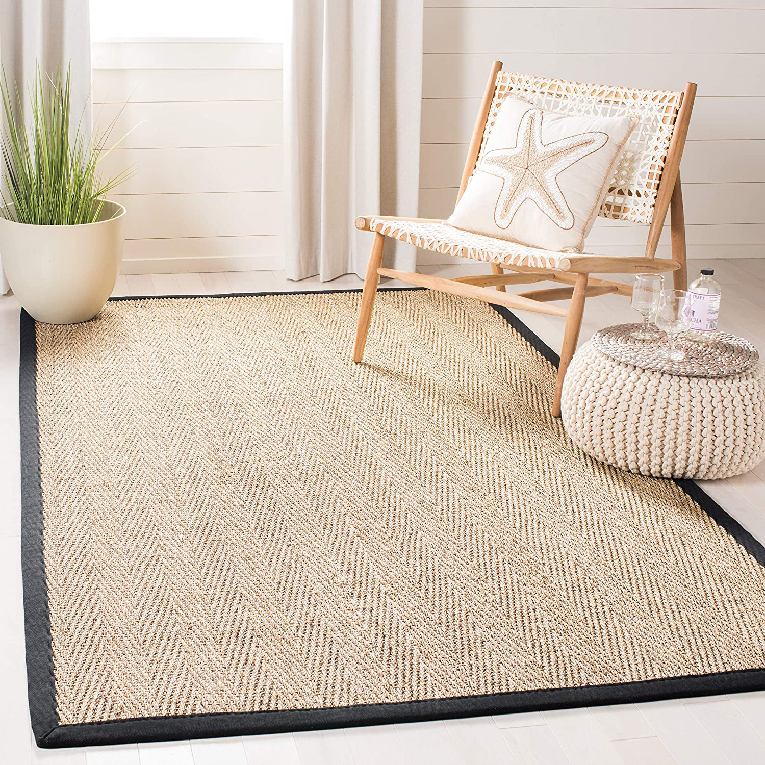 Safavieh Natural Fiber Collection NF115C Border Herringbone Seagrass Area Rug, 3' x 5', Black