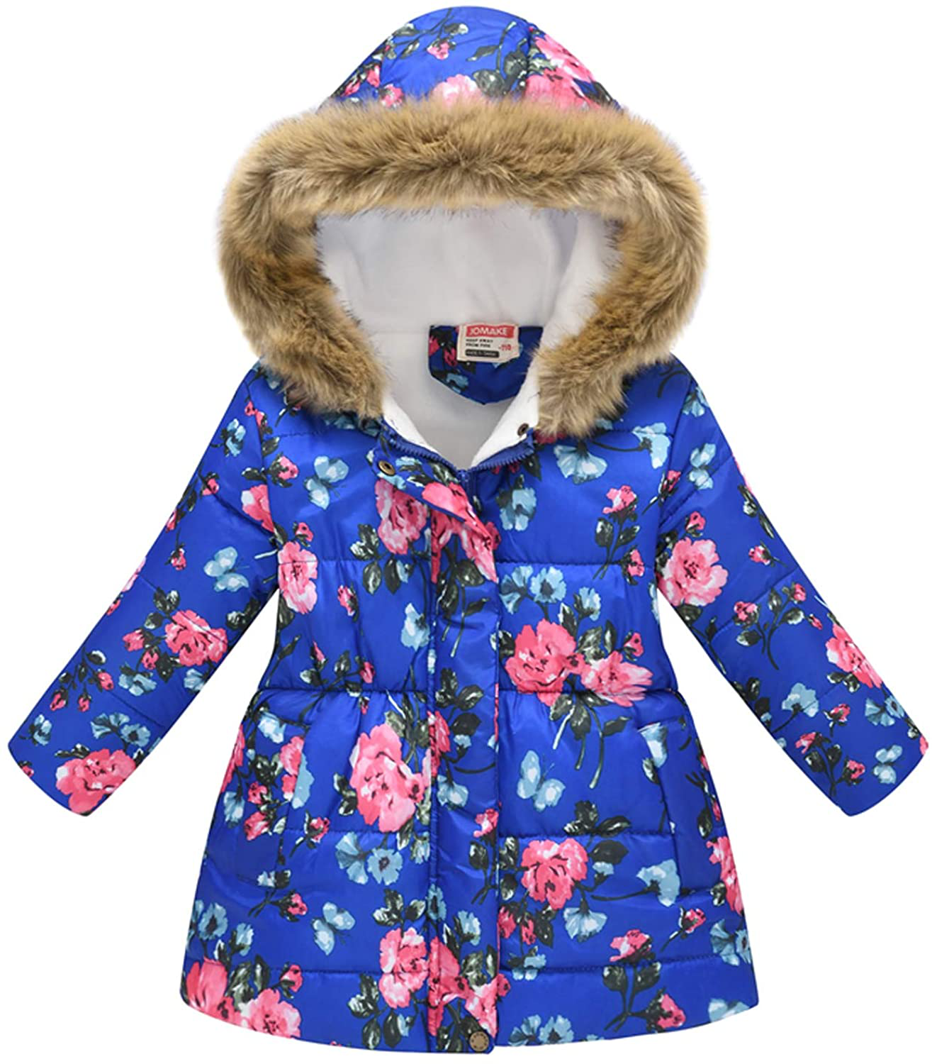 UWBACK Winter Coat for Girls Hooded Floral Print Kids Warm Cotton Parka