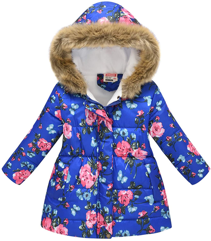 UWBACK Winter Coat for Girls Hooded Floral Print Kids Warm Cotton Parka