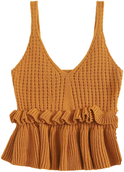 SweatyRocks Women's Casual Knit Top Sleeveless Ruffle Hem V Neck Peplum Crop Tank Top