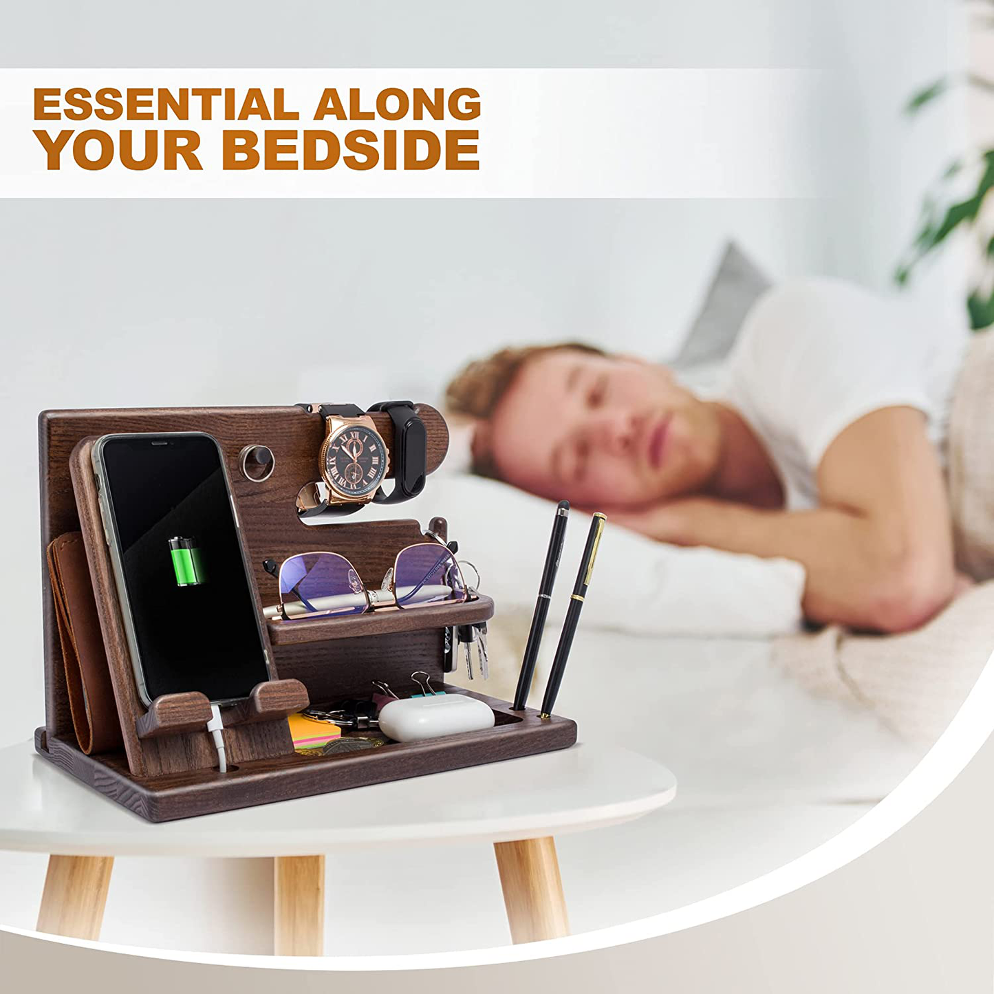 TESLYAR Wood Phone Docking Station Ash Key Holder Wallet Stand Watch Organizer Men Gift Husband Wife Anniversary Dad Birthday Nightstand Purse Father Graduation Male Travel Idea Gadgets