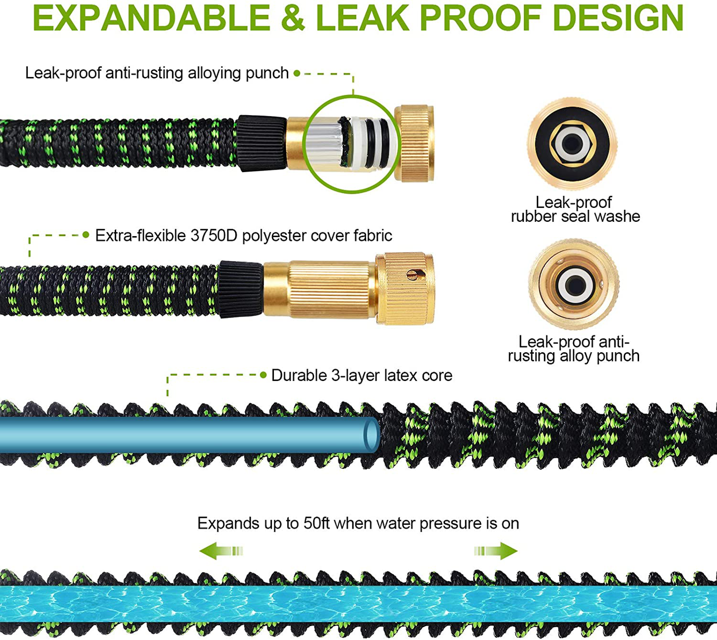 Anyyion Car Wash Brush with 50ft-Expandable Garden Hose, 51-inch Dismountable Pole with on/off switch,Strongest Triple Latex Core Hose with 3/4" Solid Brass, Easy Storage Kink Free Water Hose (50)