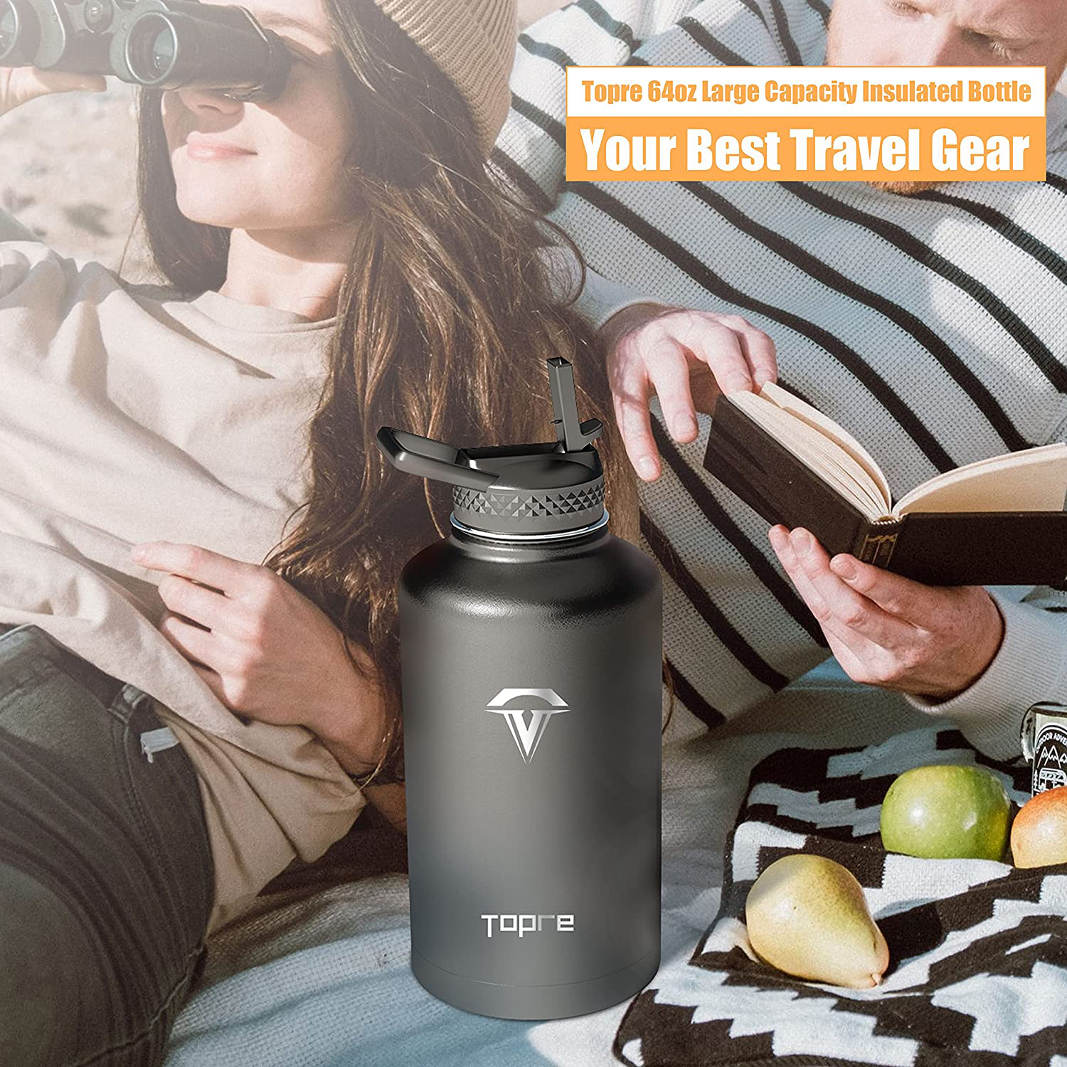 64 oz Insulated Water Bottle, Topre Half Gallon Vacuum Stainless Steel Sports Water Jug with 3 Lids & Brushes, BPA-free Reusable Triple Walled Thermo Mug Canteen for Sports Outdoor Camping, Black