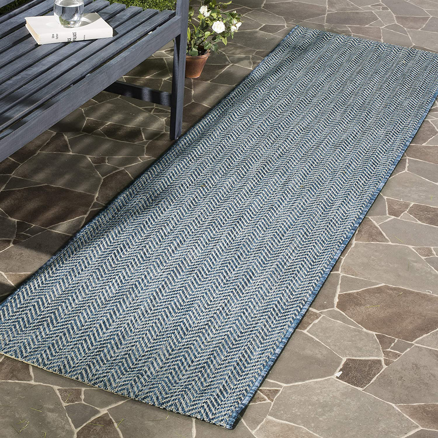 Safavieh Courtyard Collection CY8022 Indoor/ Outdoor Non-Shedding Stain Resistant Patio Backyard Runner, 2'3" x 14' , Navy / Grey