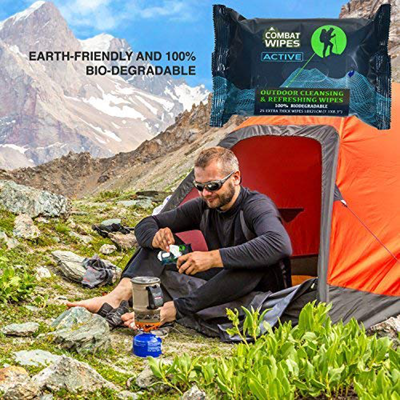 Combat Wipes ACTIVE Outdoor Wet Wipes | Extra Thick, Ultralight, Biodegradable, Body & Hand Cleansing/Refreshing Cloths for Camping, Gym & Backpacking w/ Natural Aloe & Vitamin E (25 WIpes)