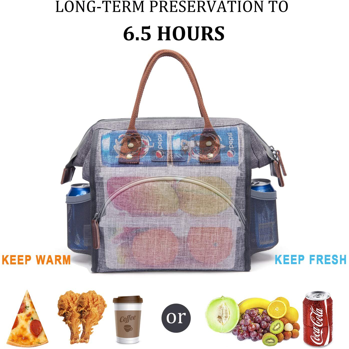 LOKASS Leak-proof Lunch Box for Women Insulated Lunch Cooler Bag Thermal Lunch Tote with Removable Shoulder Strap for Men Girls Adult Large Picnic Bag for Office Work College Outdoor, Grey