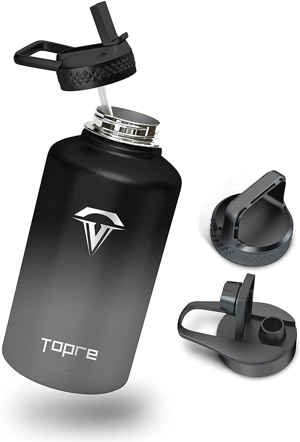 64 oz Insulated Water Bottle, Topre Half Gallon Vacuum Stainless Steel Sports Water Jug with 3 Lids & Brushes, BPA-free Reusable Triple Walled Thermo Mug Canteen for Sports Outdoor Camping, Black