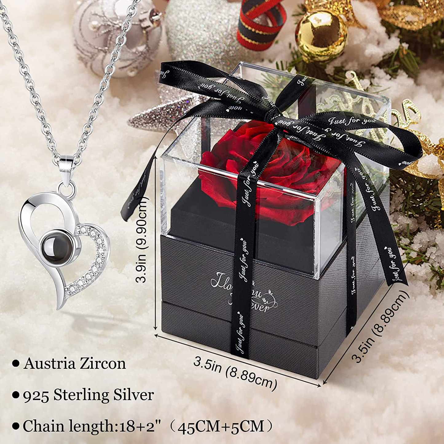 Christmas Preserved Real Red Rose with I Love You Necklace in 100 Languages -Gifts for Mom Wife Girlfriend Fiancée Her on Christmas Anniversary Mother's Day Valentine's Day Birthday Gifts for Women