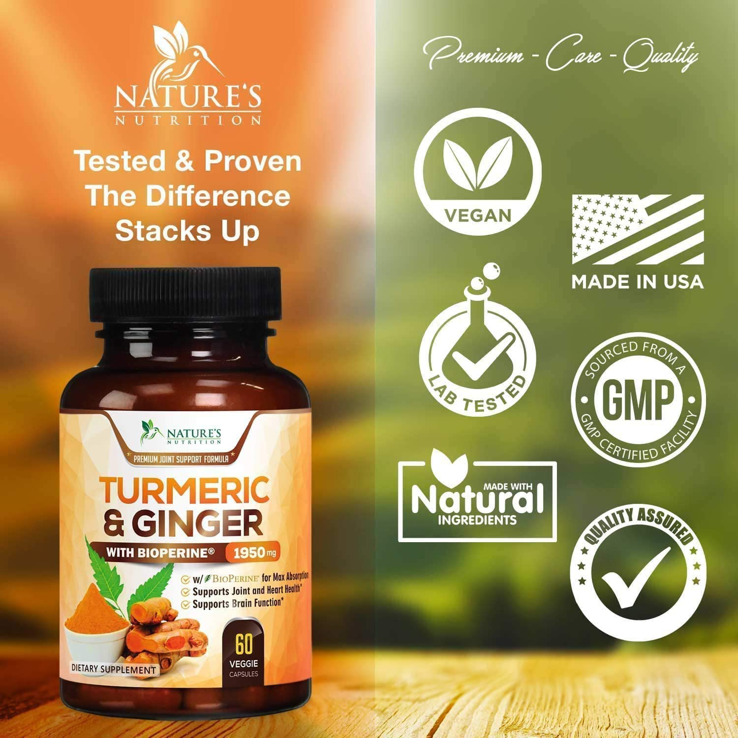 Turmeric Curcumin with BioPerine & Ginger 95% Curcuminoids 1950mg - Black Pepper for Absorption, Made in USA, Natural Immune Support, Turmeric Ginger Supplement by Natures Nutrition - 60 Capsules