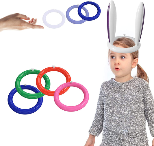 Inflatable Ring Toss Game Set, Ring Toss Pool Toys with 4 Pcs Floating Rings and a Inflatable Rabbit Ears, Outdoor and Pool Toys for Kids Adults, Multiplayer Games for Pool Beach Party