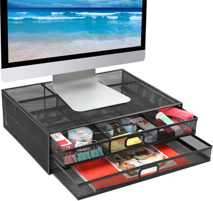 HUANUO Monitor Stand Riser with Drawer - Mesh Metal Desk Organizer PC, Laptop, Notebook, Printer Holder with Pull Out Storage Drawer (White)