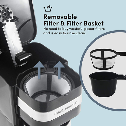 Elite Gourmet EHC111A Maxi-Matic Personal 14oz Single-Serve Compact Coffee Maker Brewer, Includes Stainless Steel Interior Thermal Travel Mug, Compatible with Coffee Grounds, Reusable Filter, Black
