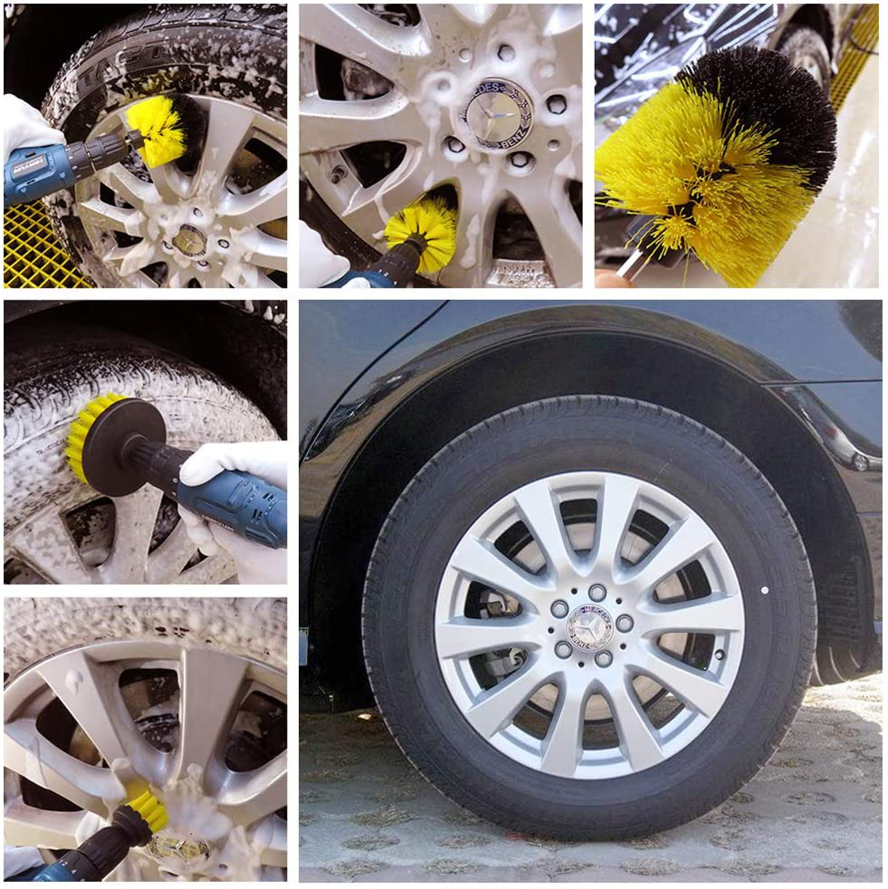 [3 Pack Set] Auto Detailing Drill Brush Set, Wheel Cleaner Brush, Car Cleaner Wash Brush Supplies Kit Fit Tire, Car Mats, Floor Mat, Bathroom and Auto Power Scrubber Brush Cleaning Sets