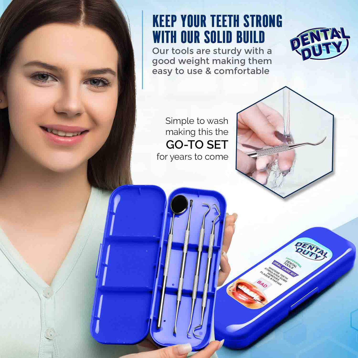 Dental Duty Hygiene Kit, Calculus and Plaque Remover Set, Stainless Steel Tarter Scraper, Tooth Pick, Dental Scaler and Mouth Mirror, Dentist Home Use Tools, Blue