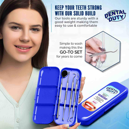 Dental Duty Hygiene Kit, Calculus and Plaque Remover Set, Stainless Steel Tarter Scraper, Tooth Pick, Dental Scaler and Mouth Mirror, Dentist Home Use Tools, Blue