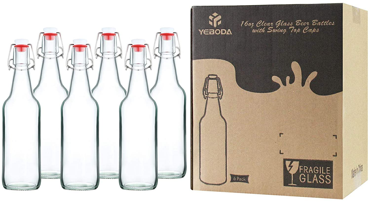 YEBODA Clear Glass Beer Bottles for Home Brewing with Easy Wire Swing Cap & Airtight Silicone Seal 16 oz- Case of 6