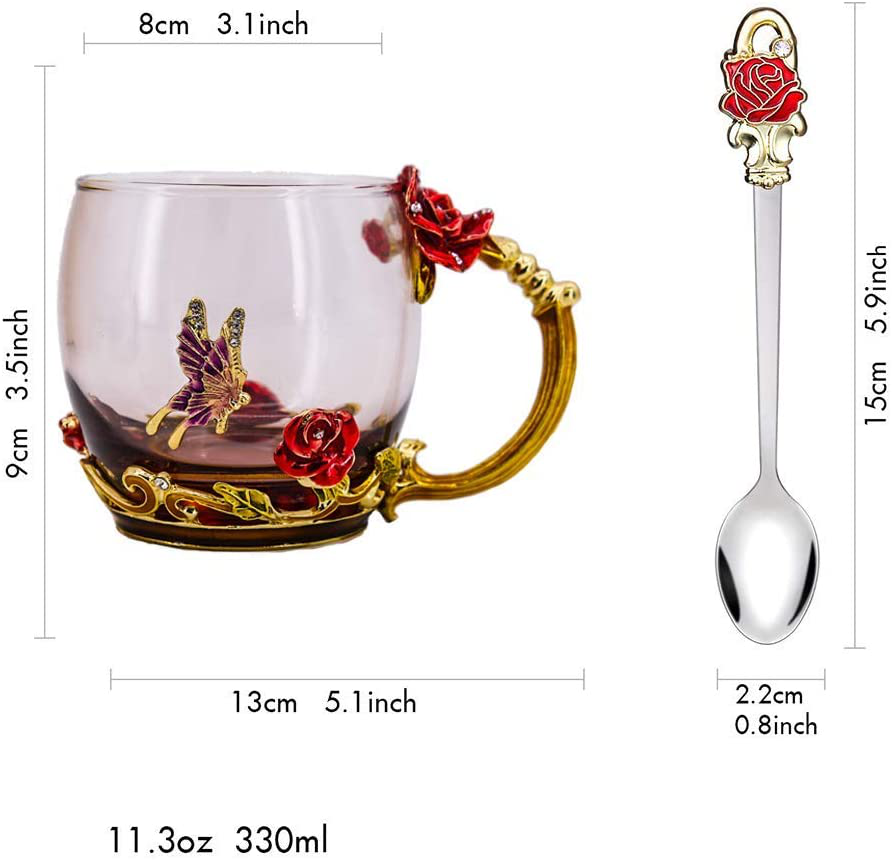 Luka Tech Enamels Butterfly flower Ceramic Coffee Mugs Tea Cup with Steel Spoon, personalised Gifts For Women Wife Mom Friends Birthday Mothers Valentines Day Wedding (White)