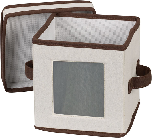 Household Essentials Natural 530 Dinnerware Box with Lid and Handles | Storage Bin for Small Saucer Plates Canvas with Brown Trim