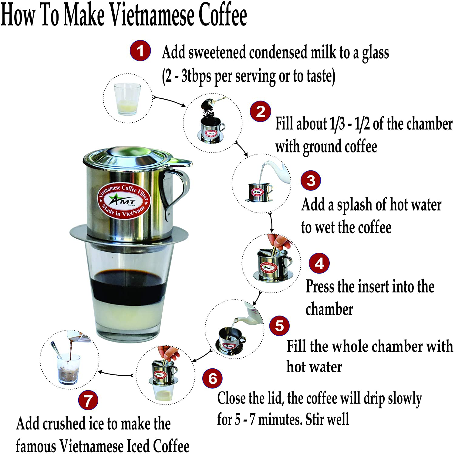 AMT 6.5 OZ Vietnamese Coffee Maker, 1 Serving Phin, Screw Down Coffee Vietnamese Coffee Filter Vietnam Coffee Dripper for making Vietnamese Style at Home Office(7, Handle))