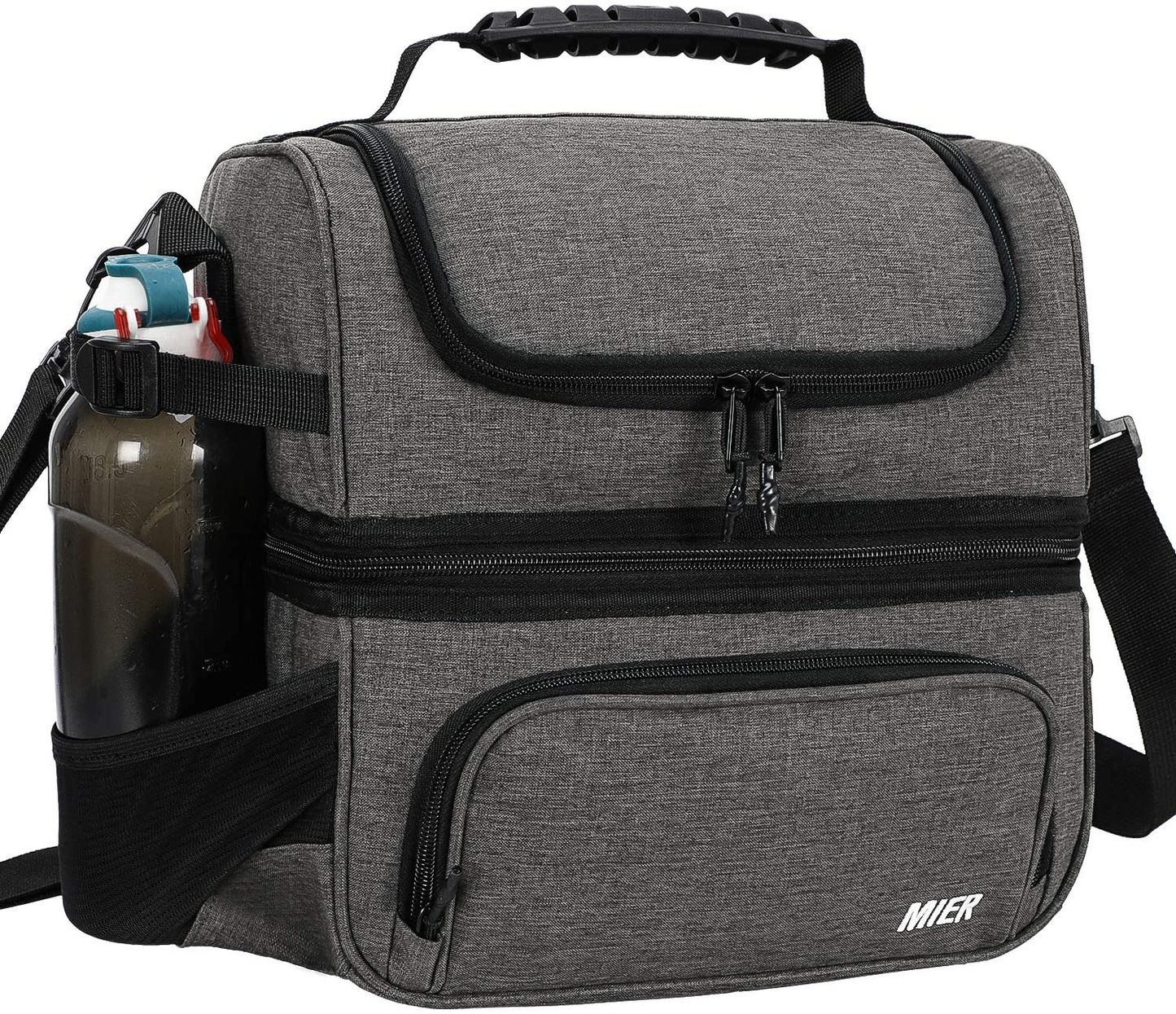MIER Dual Compartment Lunch Bag Tote with Shoulder Strap for Men and Women Insulated Leakproof Cooler Bag, Grey
