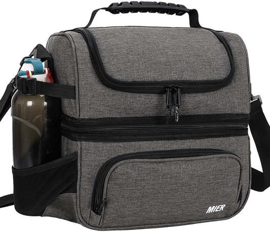 MIER Dual Compartment Lunch Bag Tote with Shoulder Strap for Men and Women Insulated Leakproof Cooler Bag, Grey