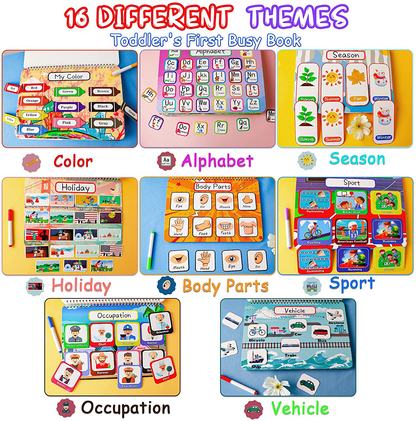 HeyKiddo Toddler Busy Book, Autism Toys for Kids, Preschool Learning Activity Binder, 16 Themes with Colorful Pages, Educational Book for Autism & Special Needs, Drawing Book for Home School Learning