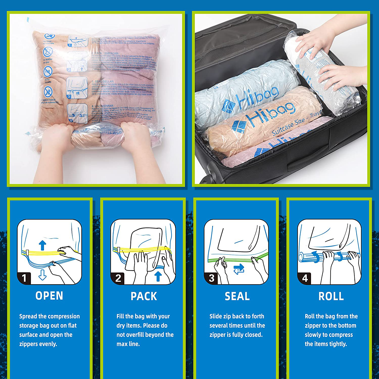 12 Travel Compression Bags, Hibag 12-Pack Roll-Up Space Saver Storage Bags for Travel, Suitcase Size (12-Travel)