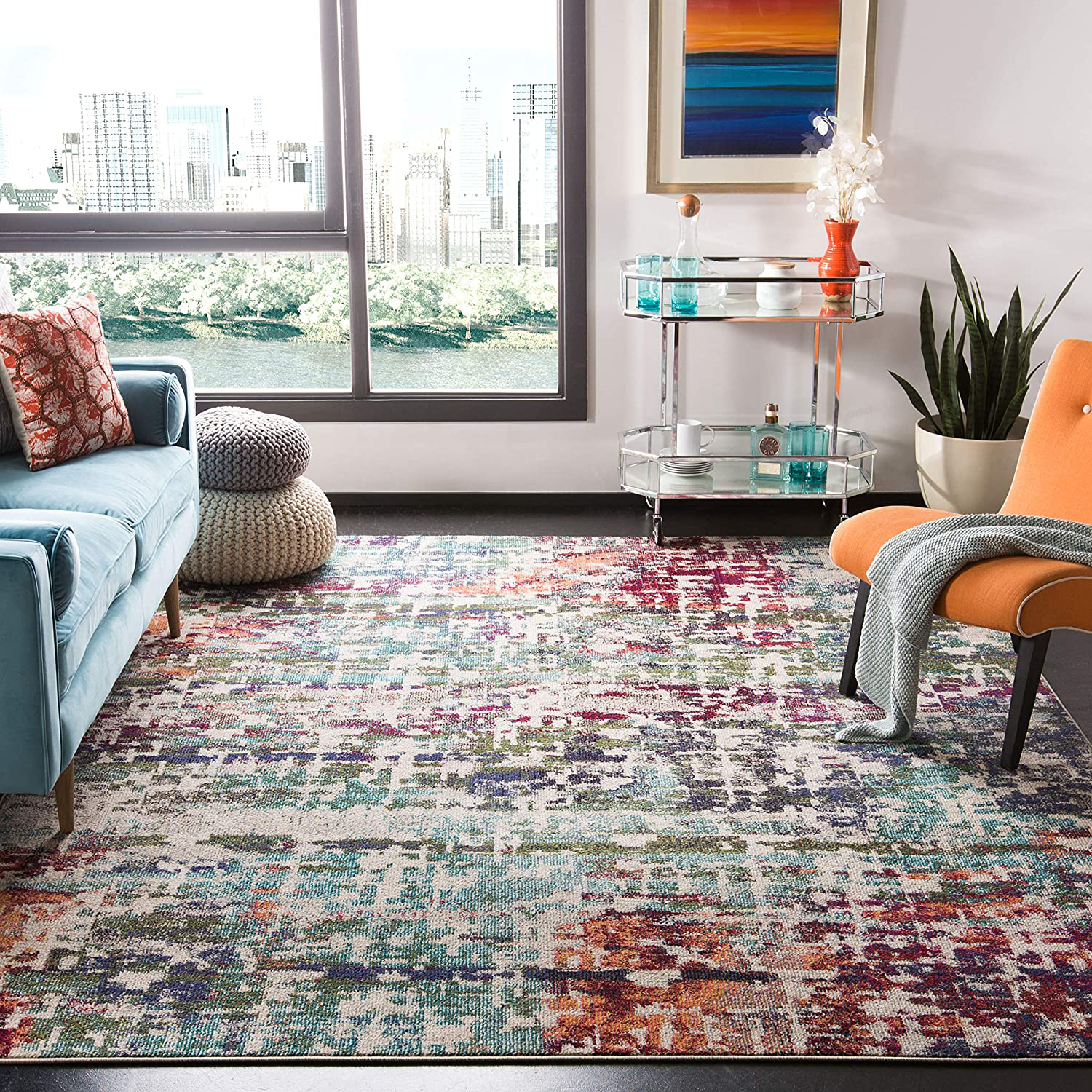 Safavieh Madison Collection MAD469B Modern Abstract Non-Shedding Living Room Bedroom Area Rug, 5' x 5' Square, Cream / Blue