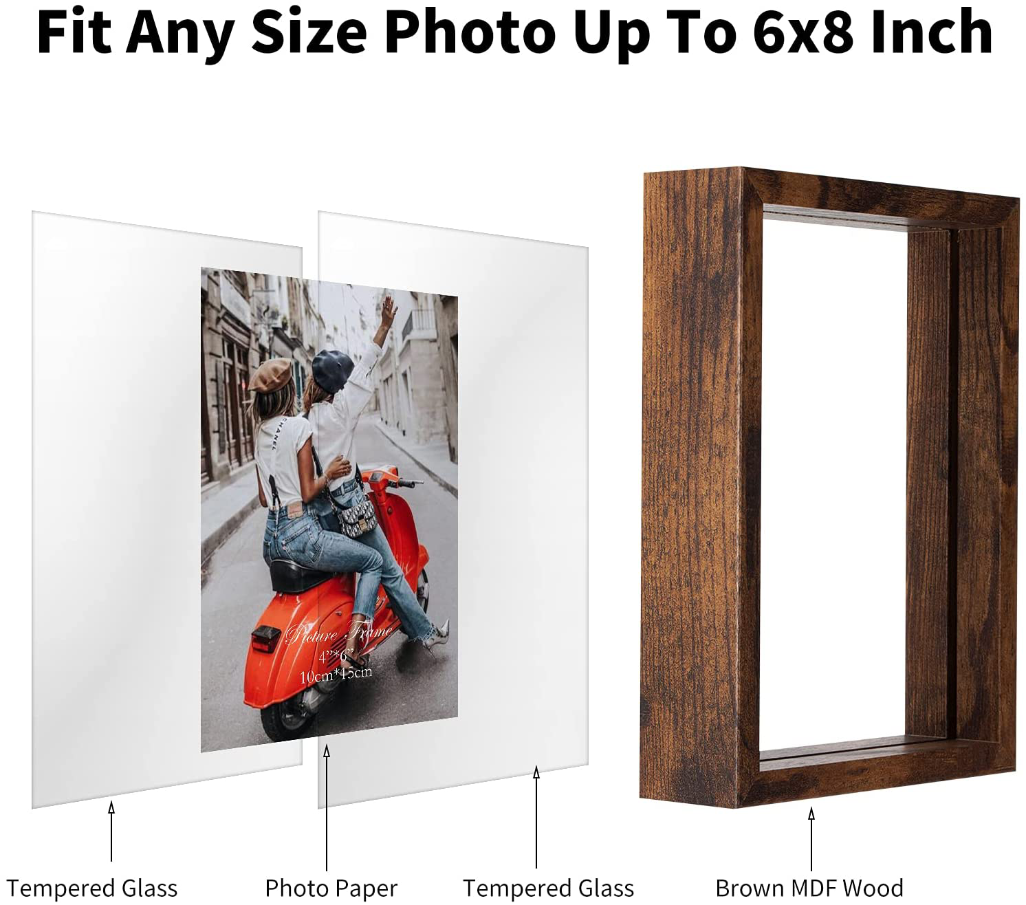 WIFTREY 2 Pack 4x6 Floating Picture Frames, Double Glass Rustic Photo Frame for Wall Hanging or Tabletop Standing, Displays Photo up to 6x8, Brown