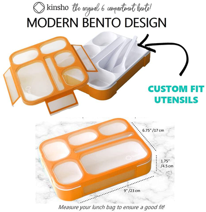 Bento-Box with Bag and Ice Pack Set. Lunch Boxes Snack Containers for Kids Boys Girls Adults. 6 Compartments, Leakproof Portion Container Boxes Insulated Bags for School Lunches, BPA Free (Orange)