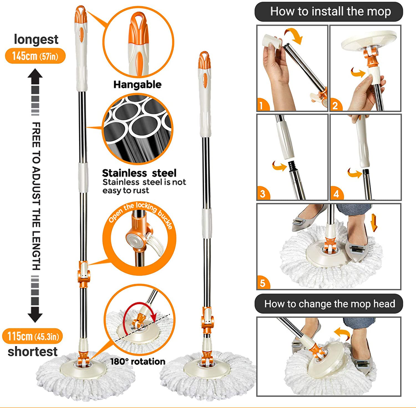 MASTERTOP Spin Mop and Bucket with Wringer Set, Floor Cleaning System, Easy Wring Foot Pedal, Stainless Steel Mop Handle, 5 Microfiber Refills, 5 Cleaning Clothes, Hardwood Laminate Tiles