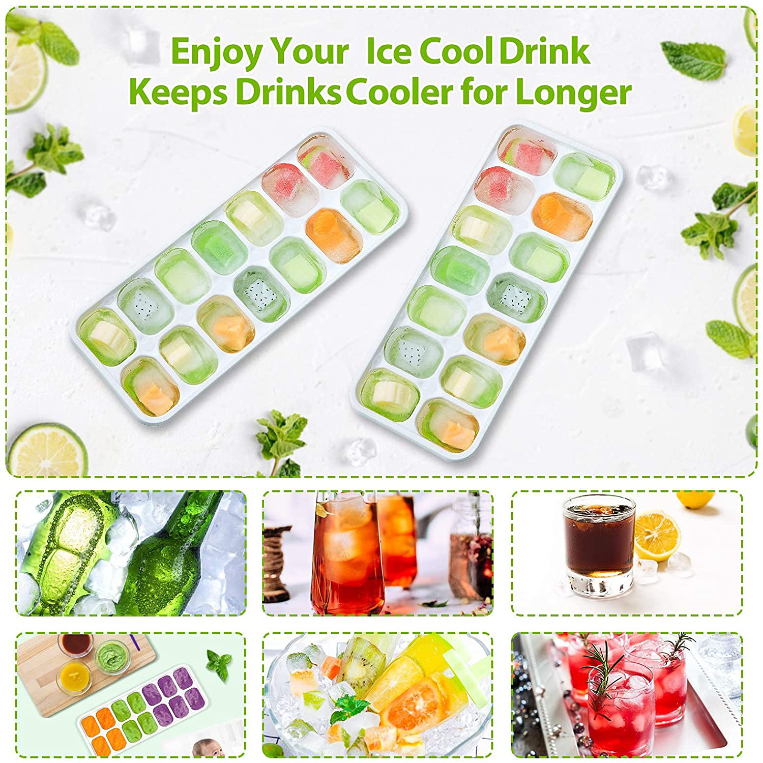 DOQAUS Ice Cube Trays 4 Pack, Easy-Release Silicone and Flexible 14-Ice Cube Trays with Spill-Resistant Removable Lid, LFGB Certified and BPA Free, for Cocktail, Beer, Stackable Flexible Ice Trays