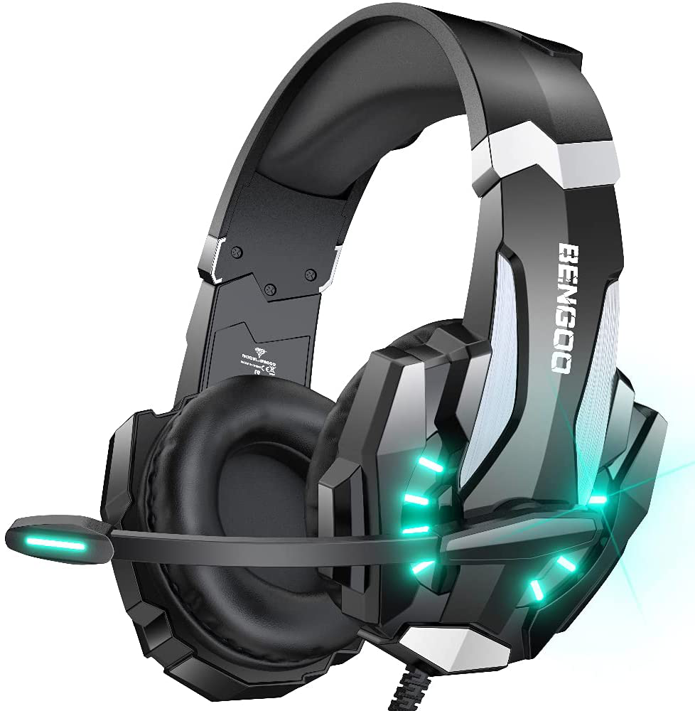 BENGOO G9000 Stereo Gaming Headset for PS4 PC Xbox One PS5 Controller, Noise Cancelling Over Ear Headphones with Mic, LED Light, Bass Surround, Soft Memory Earmuffs for Laptop Mac Nintendo NES Games