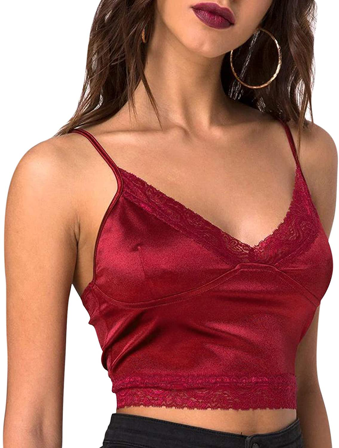 Women Y2K Cropped Tank Tops Sexy V Neck Spaghetti Strap Crop Top Lace Cami Shirt Sleeveless Patchwork Camisole