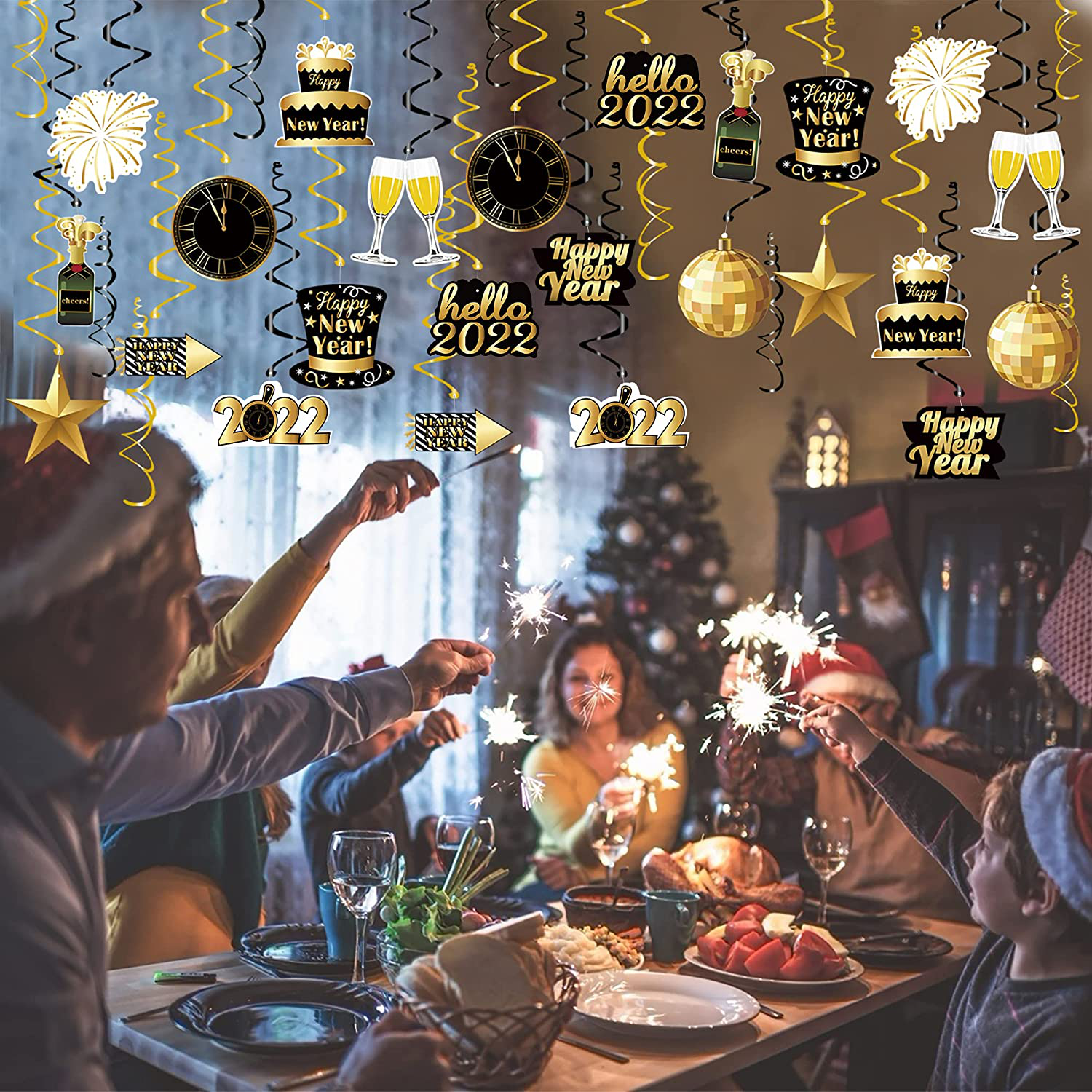 Tifeson 36 Pcs Happy New Year Decorations Hanging Swirls - Happy New Year Decorations 2022 - New Year's Eve Party Decorations Supplies 2022 for Home Office Ceiling (Black and Gold)
