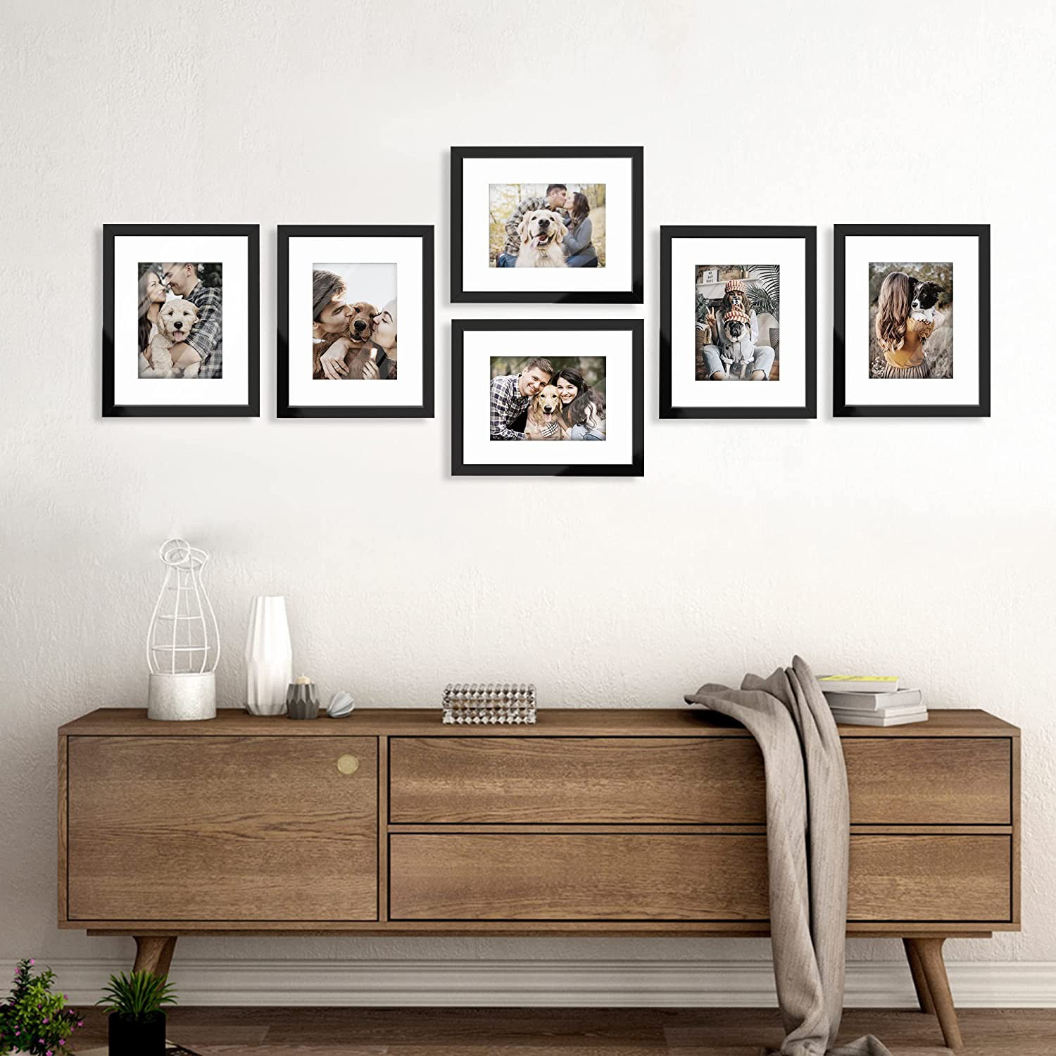 HappyHapi 8x10 Inch Picture Frames, Set of 6 Wooden Picture Frames, Tabletop or Wall Display Decoration for Photos, Paintings, Landscapes, Posters, Artwork (Black)